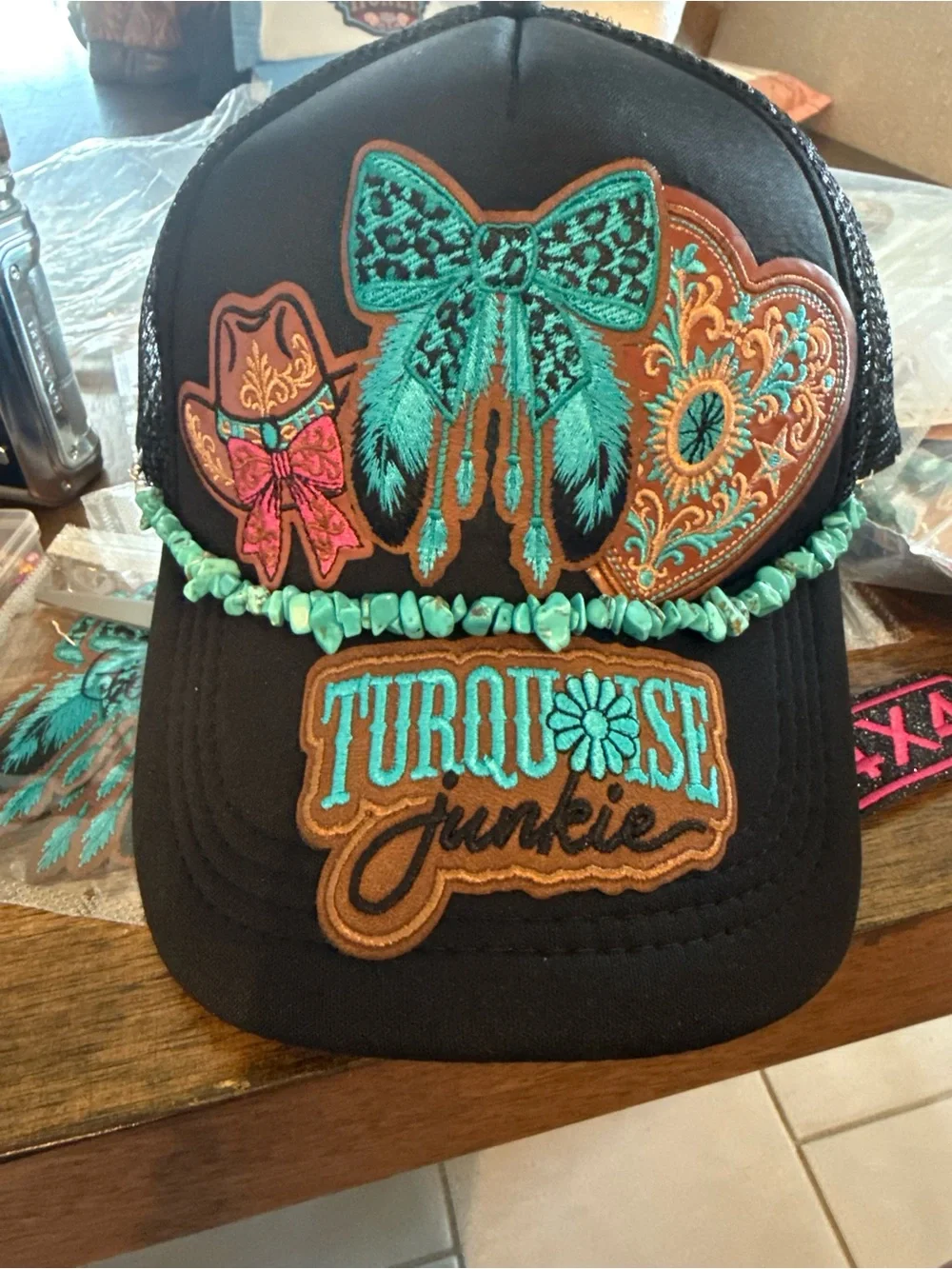 Women’s Black Cap with Turquoise Embroidery